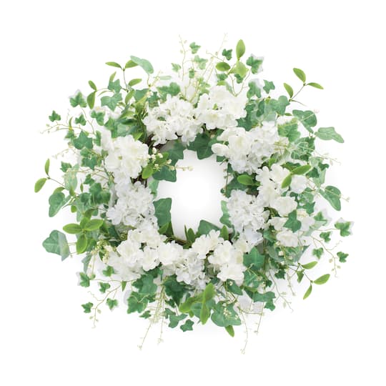 22&#x22; White Hydrangea &#x26; Ivy Leaf Wreath